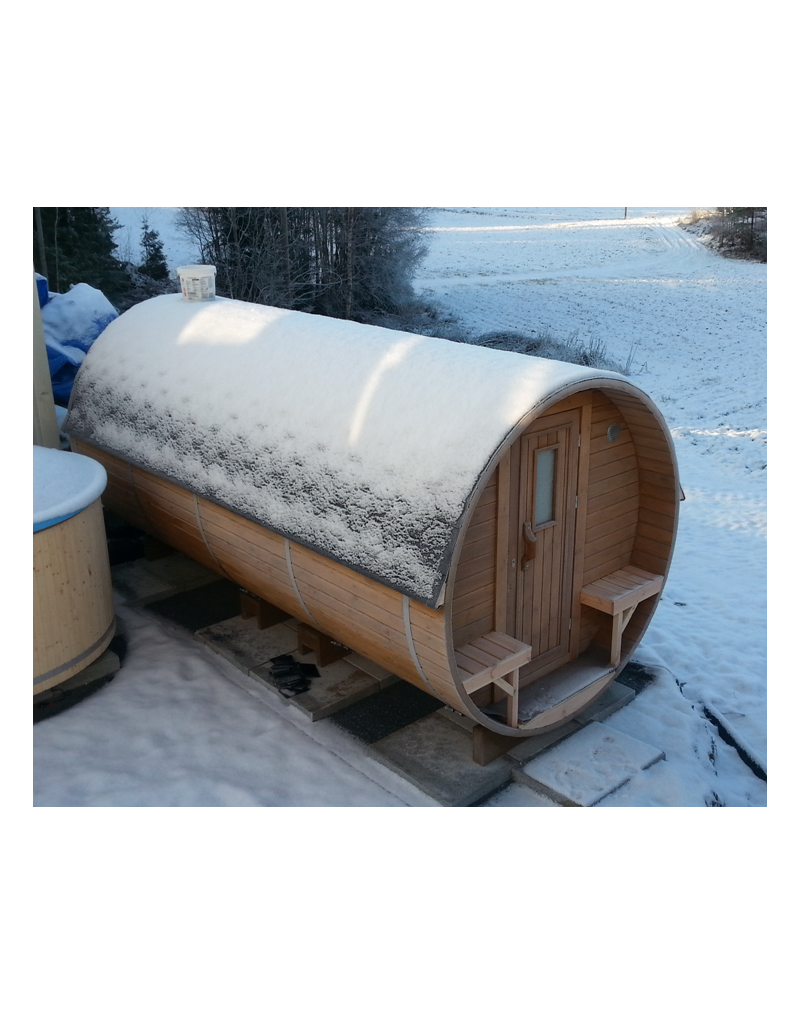 4,8m long Thermowood Barrel Sauna (Ø 2,27 m) with changing room