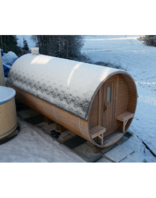 4,8m long Thermowood Barrel Sauna (Ø 2,27 m) with changing room