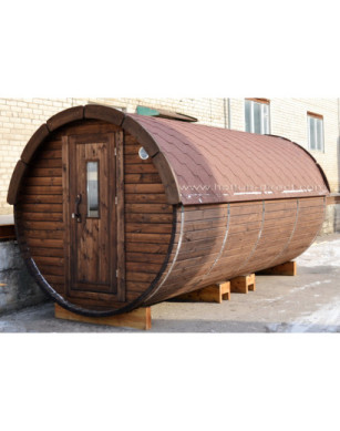 4,8m long Thermowood Barrel Sauna (Ø 2,27 m) with changing room