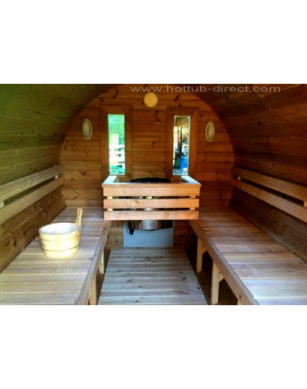 4,8m long Thermowood Barrel Sauna (Ø 2,27 m) with changing room