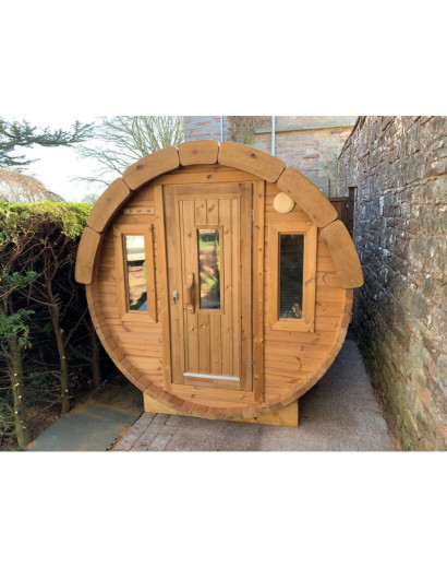 4,5m long Thermowood Barrel Sauna (Ø 2,27 m) with changing room