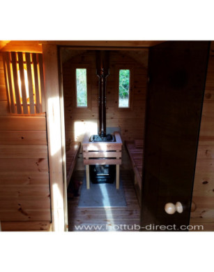 4,5m long Thermowood Barrel Sauna (Ø 2,27 m) with changing room