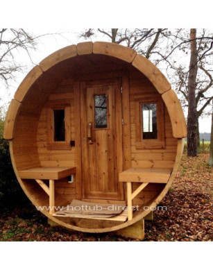 4,5m long Thermowood Barrel Sauna (Ø 2,27 m) with changing room