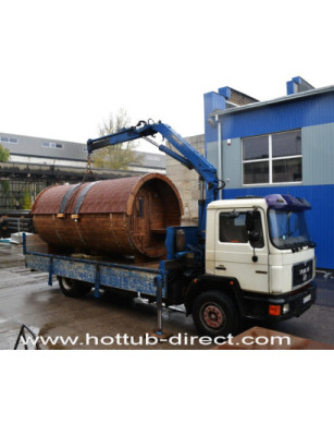 4,5m long Thermowood Barrel Sauna (Ø 2,27 m) with changing room