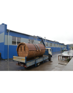 4,5m long Thermowood Barrel Sauna (Ø 2,27 m) with changing room