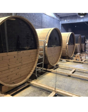 4,5m long Thermowood Barrel Sauna (Ø 2,27 m) with changing room