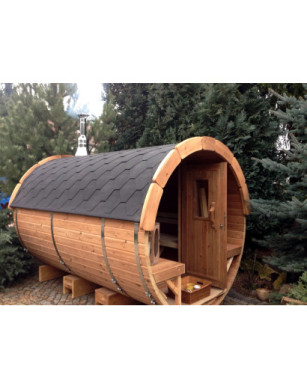 4,5m long Thermowood Barrel Sauna (Ø 2,27 m) with changing room