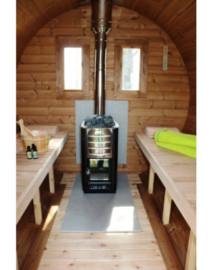 4,5m long Thermowood Barrel Sauna (Ø 2,27 m) with changing room