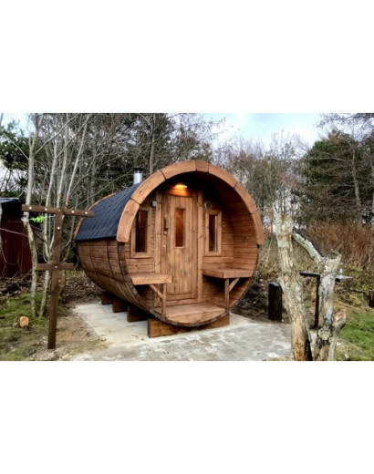4,0m long Thermowood Barrel Sauna (Ø 2.27 m) with changing room