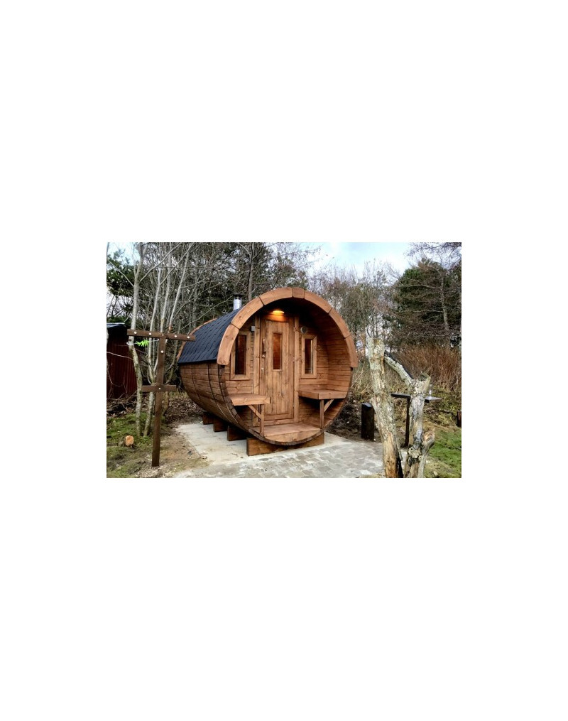 4,0m long Thermowood Barrel Sauna (Ø 2.27 m) with changing room 4,0m long Thermowood Barrel Sauna (Ø 2.27 m) with changing room