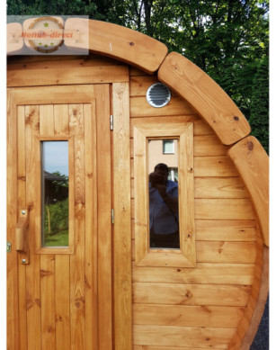 4,0m long Thermowood Barrel Sauna (Ø 2.27 m) with changing room