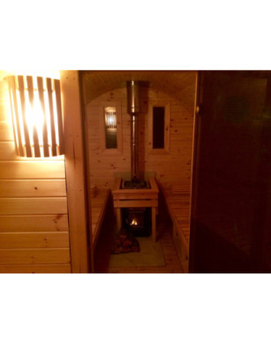 4,0m long Thermowood Barrel Sauna (Ø 2.27 m) with changing room