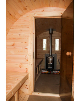4,0m long Thermowood Barrel Sauna (Ø 2.27 m) with changing room