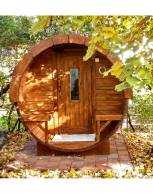 4,0m long Thermowood Barrel Sauna (Ø 2.27 m) with changing room