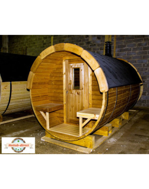 4,0m long Thermowood Barrel Sauna (Ø 2.27 m) with changing room