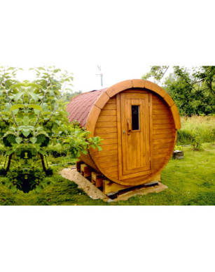 4,0m long Thermowood Barrel Sauna (Ø 2.27 m) with changing room