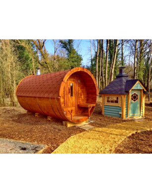 4,0m long Thermowood Barrel Sauna (Ø 2.27 m) with changing room