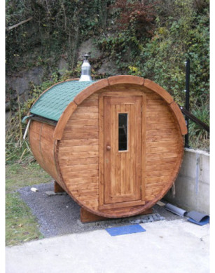 4,0m long Thermowood Barrel Sauna (Ø 2.27 m) with changing room