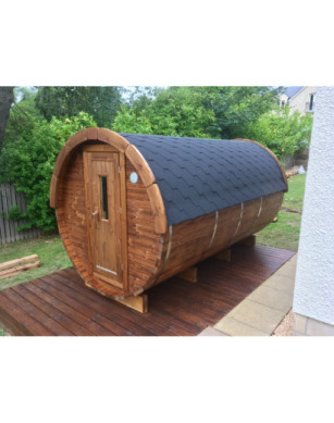 4,0m long Thermowood Barrel Sauna (Ø 2.27 m) with changing room