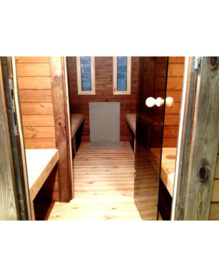 4,0m long Thermowood Barrel Sauna (Ø 2.27 m) with changing room