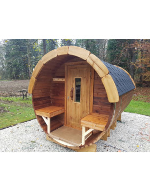4,0m long Thermowood Barrel Sauna (Ø 2.27 m) with changing room
