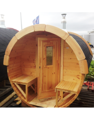 4,0m long Thermowood Barrel Sauna (Ø 2.27 m) with changing room