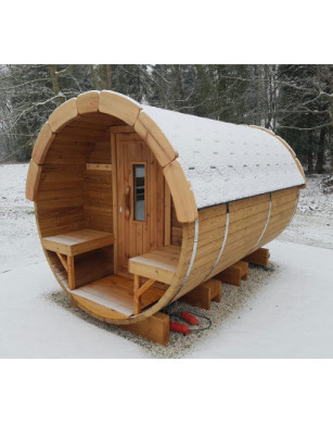 4,0m long Thermowood Barrel Sauna (Ø 2.27 m) with changing room