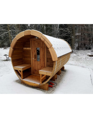 3,5m long Thermowood Barrel Sauna (Ø 1.97 m) with changing room