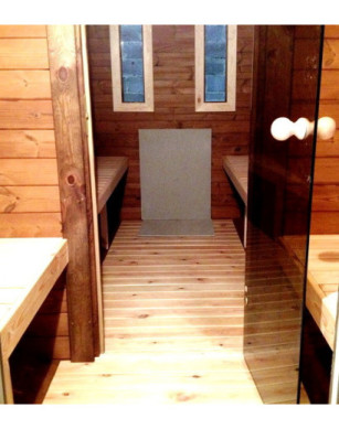 3,5m long Thermowood Barrel Sauna (Ø 1.97 m) with changing room