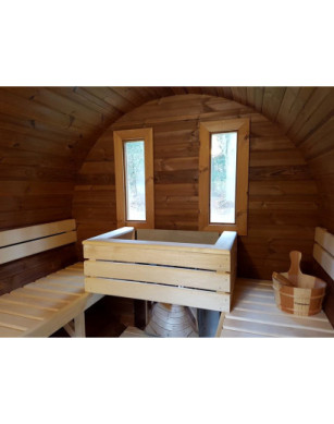 3,5m long Thermowood Barrel Sauna (Ø 1.97 m) with changing room