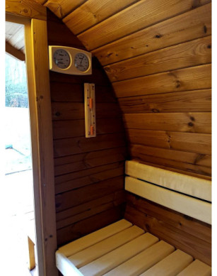 3,5m long Thermowood Barrel Sauna (Ø 1.97 m) with changing room