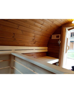 3,5m long Thermowood Barrel Sauna (Ø 1.97 m) with changing room