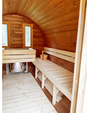 3,5m long Thermowood Barrel Sauna (Ø 1.97 m) with changing room