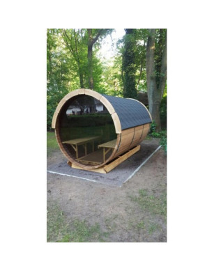 3,5m long Thermowood Barrel Sauna (Ø 1.97 m) with changing room