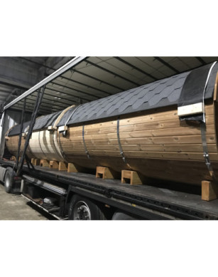 3,5m long Thermowood Barrel Sauna (Ø 1.97 m) with changing room