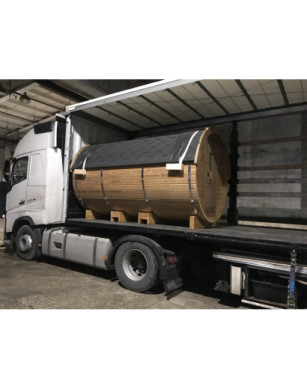 3,5m long Thermowood Barrel Sauna (Ø 1.97 m) with changing room